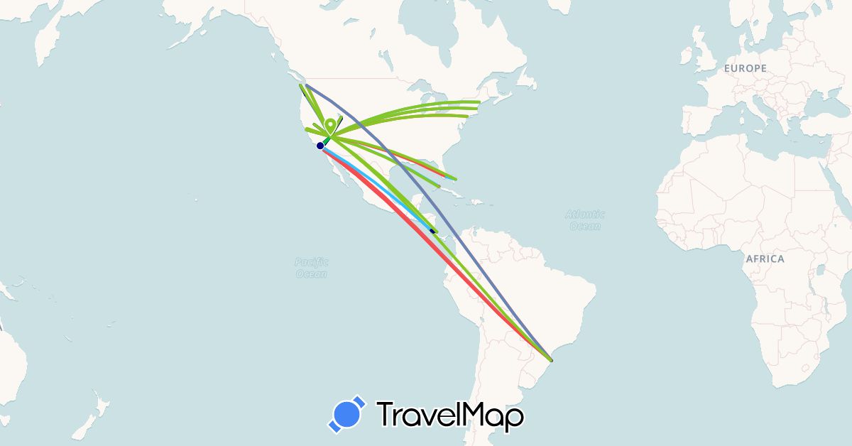 TravelMap itinerary: driving, bus, cycling, hiking, boat, hitchhiking, motorbike, electric vehicle in Brazil, Bahamas, Costa Rica, Cuba, United States (North America, South America)